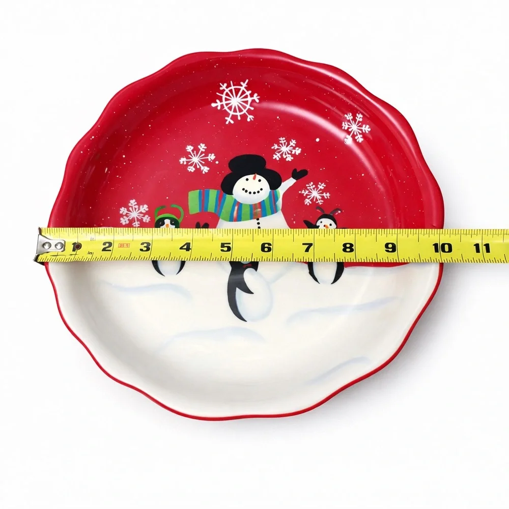 St Nicholas Square 10” Christmas Pie Plate Snowman Penguin Holiday Dish